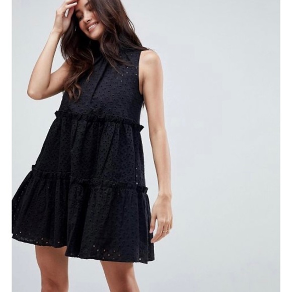 ASOS Black Sleeveless Broderie Trapeze Mini Dress
